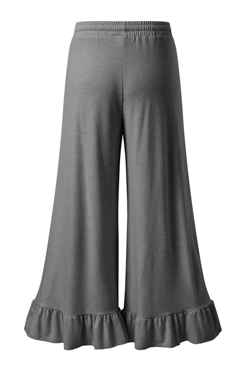 Pull On Elastic High Waist Drawstring Pocket Ruffle Hem Wide Leg Pants